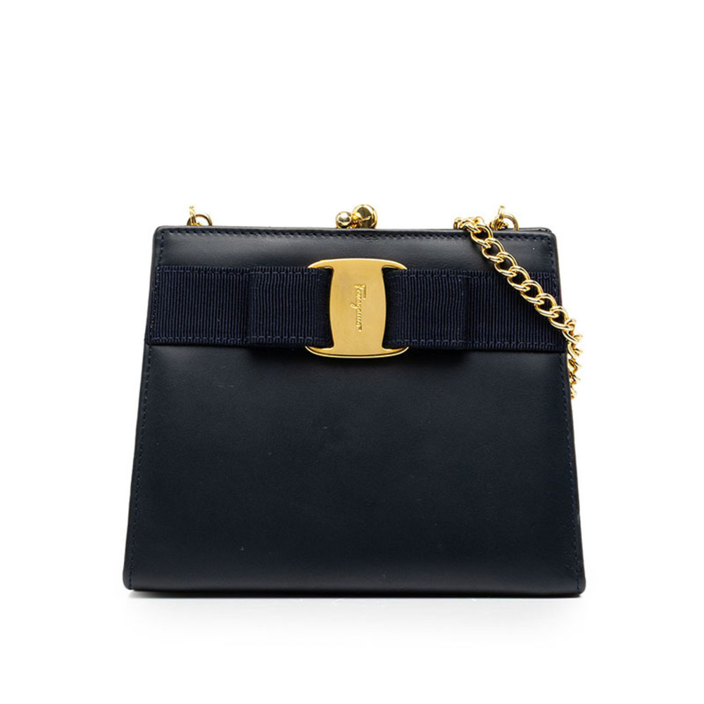 Salvatore Ferragamo Vara Crossbody Chain Shoulder Bag 223054 Navy Leather Wom...